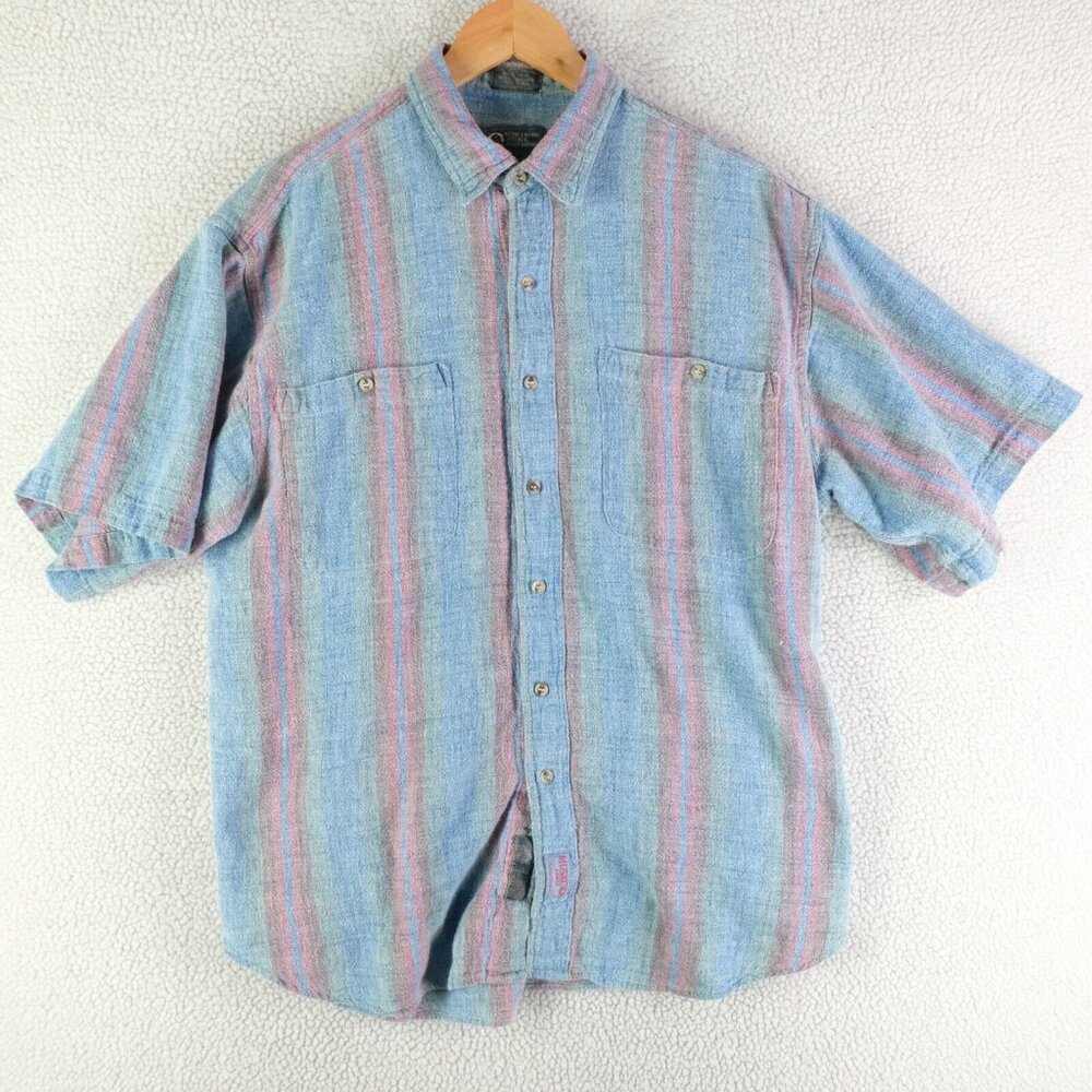Muskoka Lakes Shirt Mens Laqrge Blue Red Striped Button Up Textured Vintage 90s